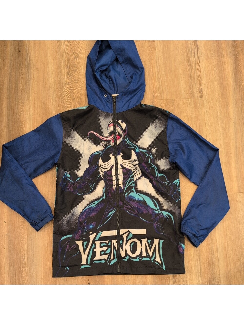 VTG Marvel Spiderman Venom Graphic Hooded Full Zip Windbreaker Light Jacket Sz S